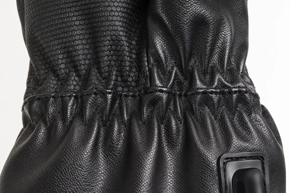 Gathered wrist fabric beside the cuff control on a heated glove