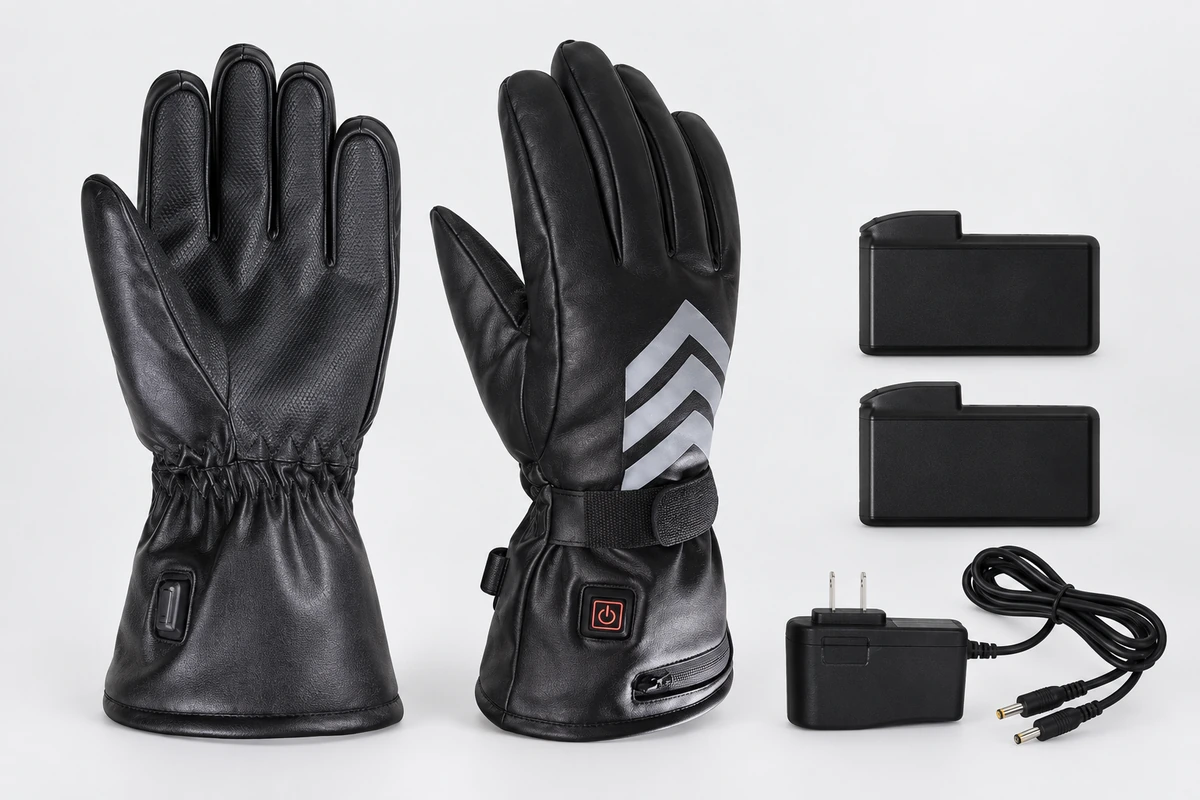 Heated glove pair with two battery packs, charging adapter and cable