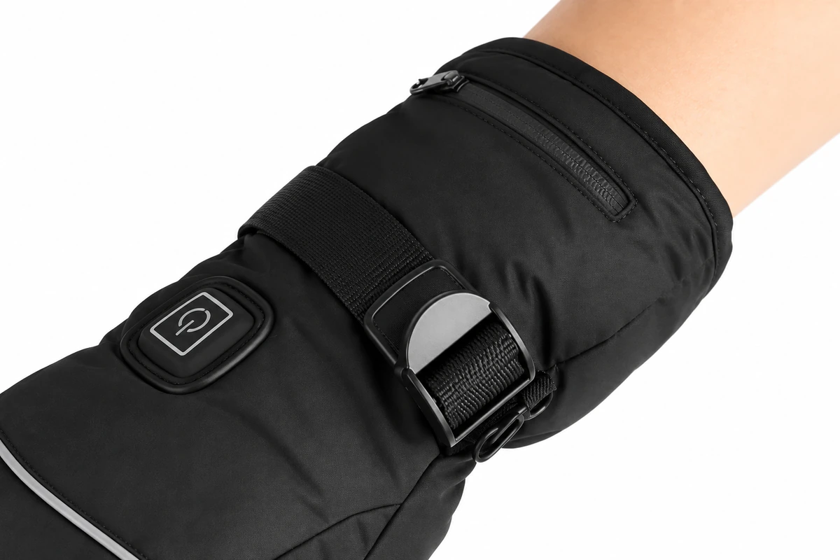 Wrist strap and gauntlet cuff on a worn black heated glove