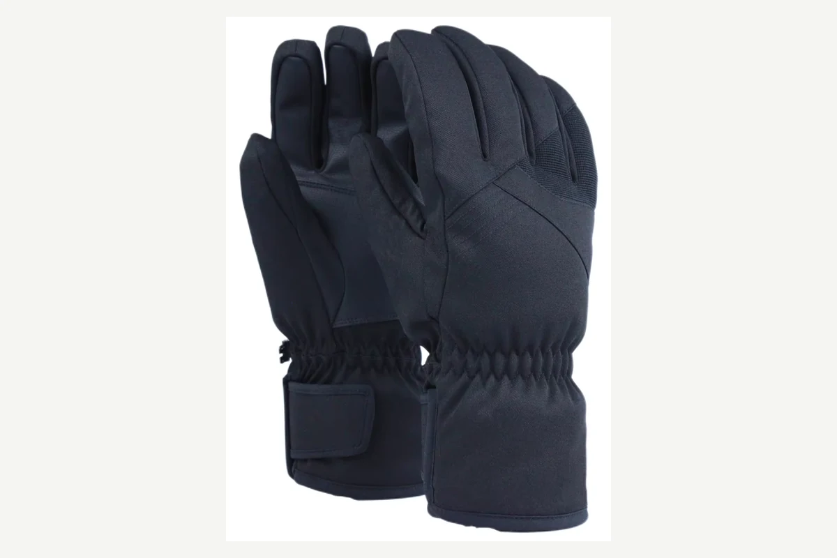 Navy winter gloves with gathered wrists and wide cuff straps