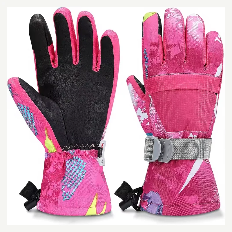 Pink full-finger winter gloves with patterned panels and wrist straps