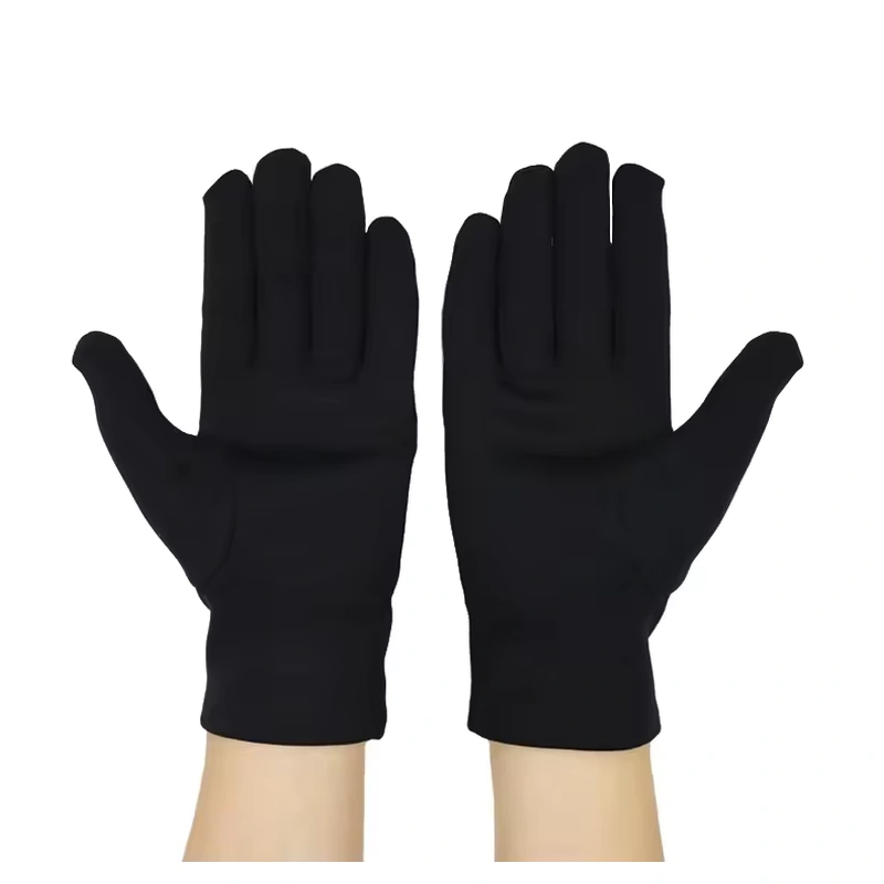 Black fleece gloves worn with both palms open