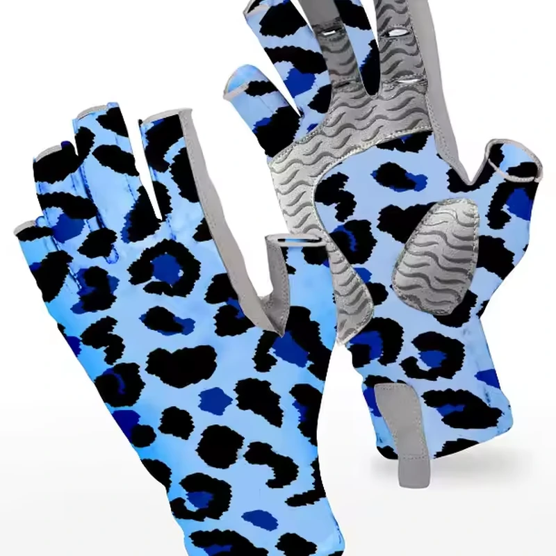 Blue fingerless gloves with black animal spots and gray grip patches