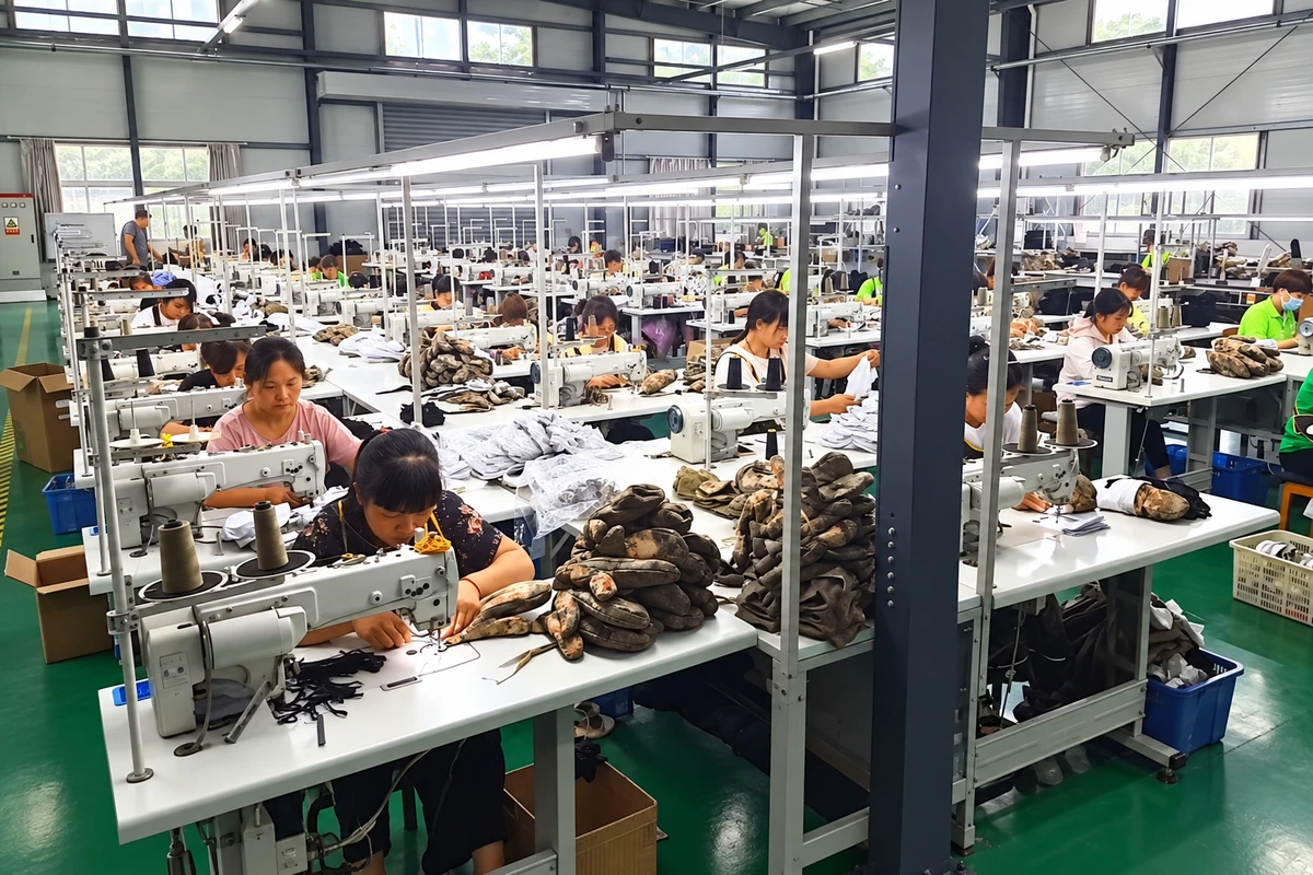 Workers sewing glove components at rows of machines