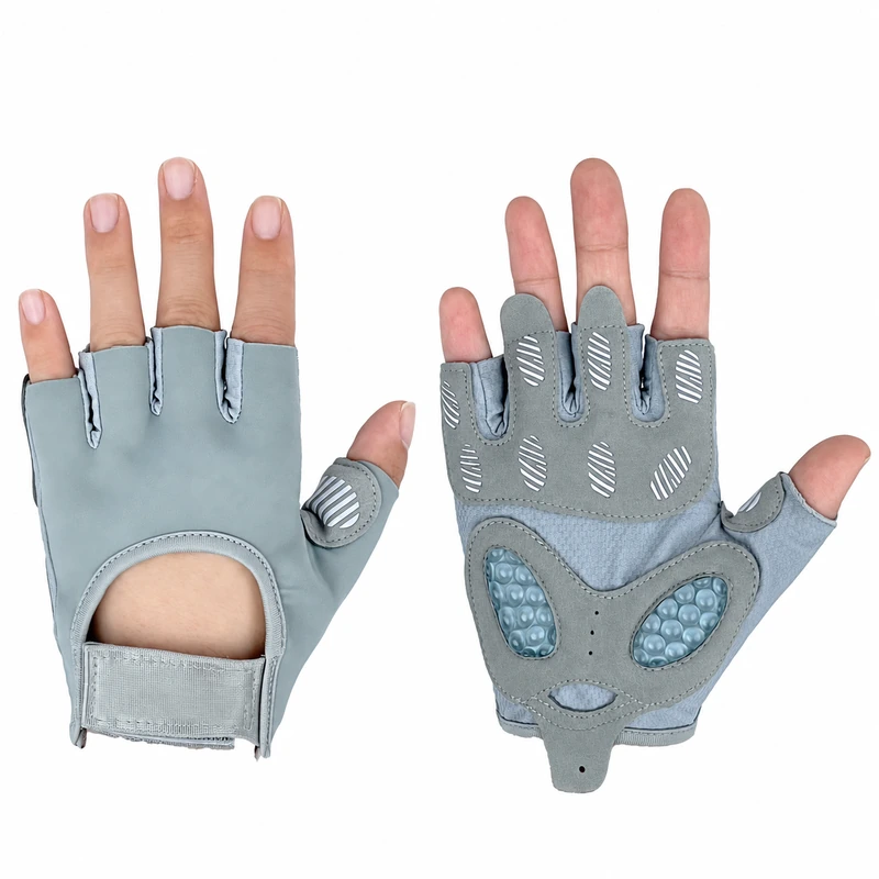 Gray half-finger gloves worn on hands with padded palms