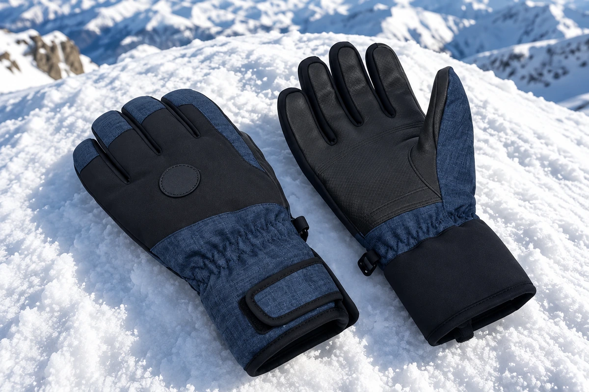 Navy winter gloves showing palms and cuffs on snow
