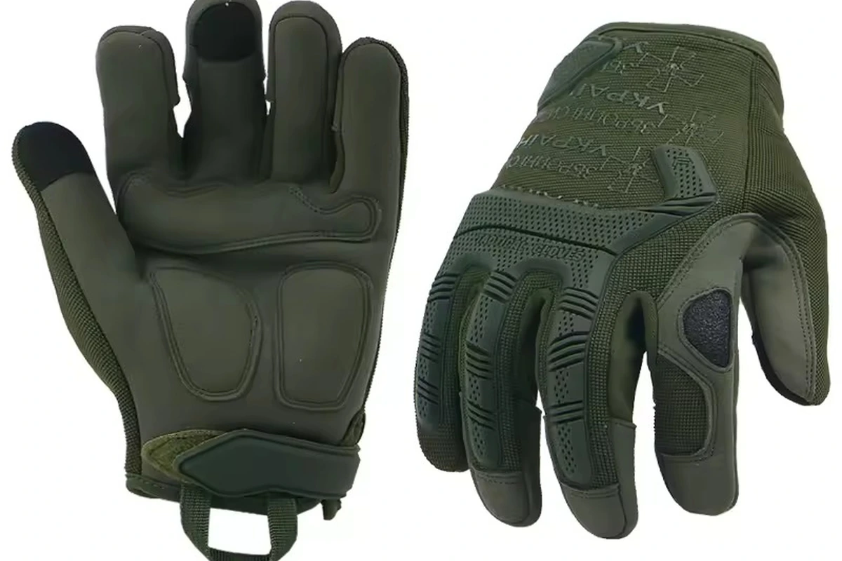 Olive gloves with raised knuckle panels, stitched palms and wrist loops
