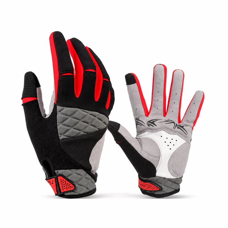 Red black and gray full-finger gloves with padded palms