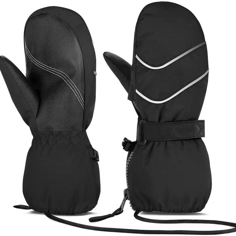 Black winter mittens with pale curved stripes and long strapped cuffs