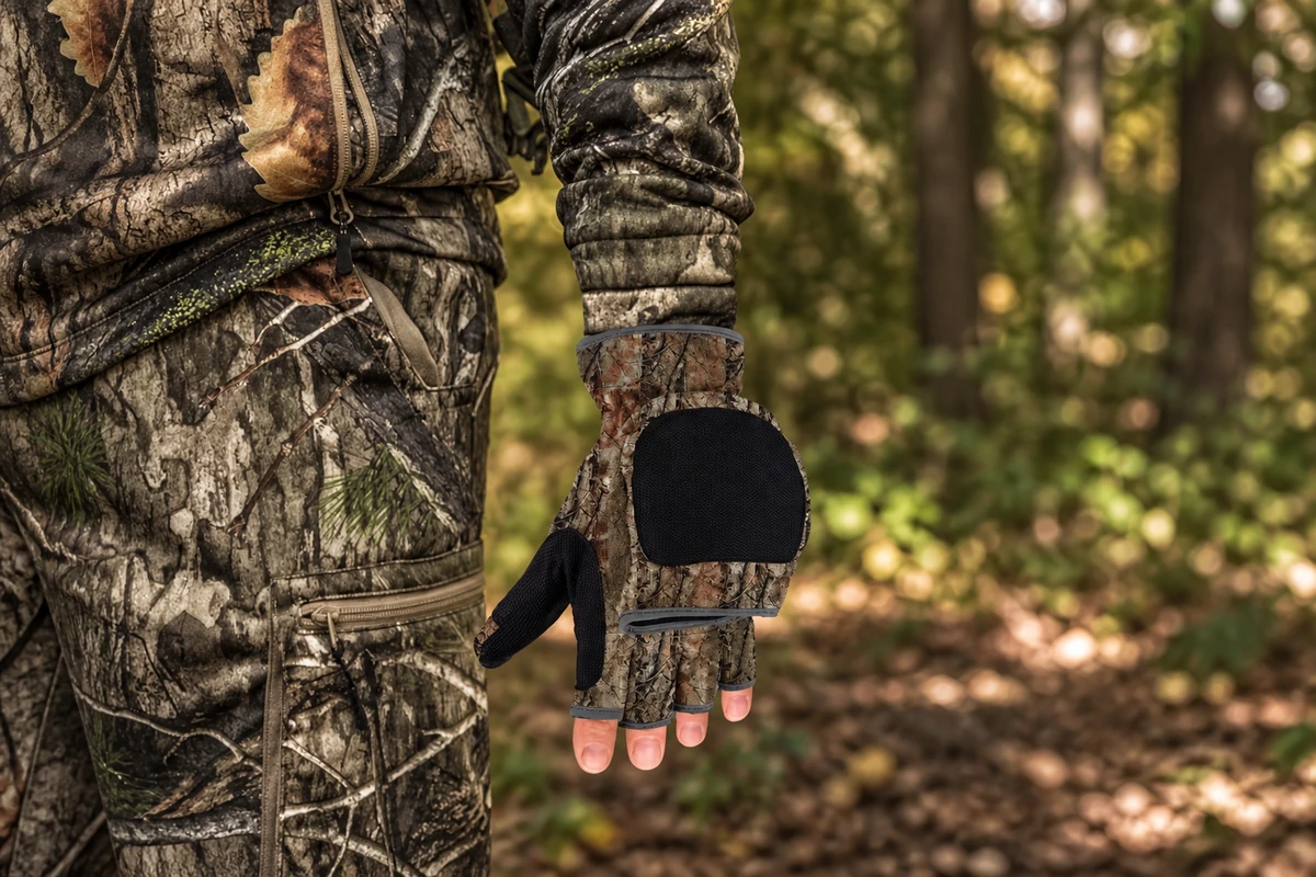Camouflage fingerless glove worn with an outdoor jacket