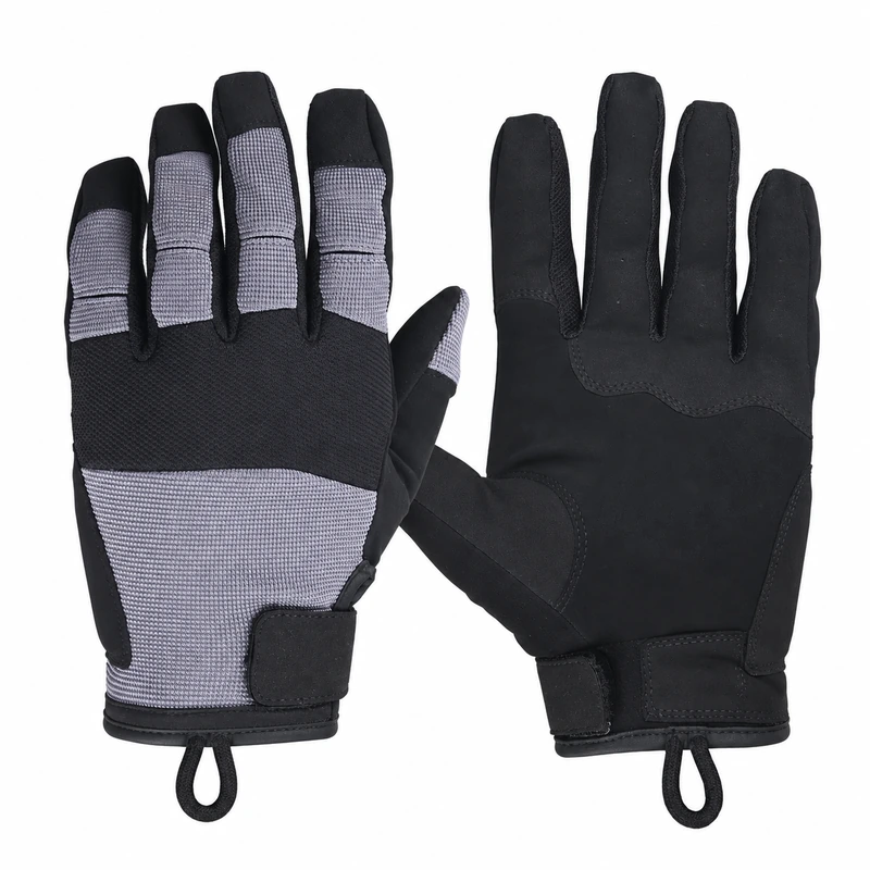 Gray and black full-finger gloves showing woven back and sewn palm panels