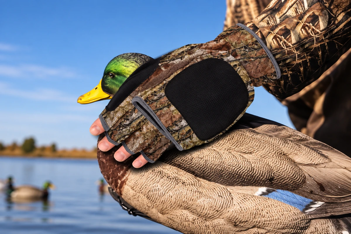 Camouflage fingerless hunting glove holding a duck