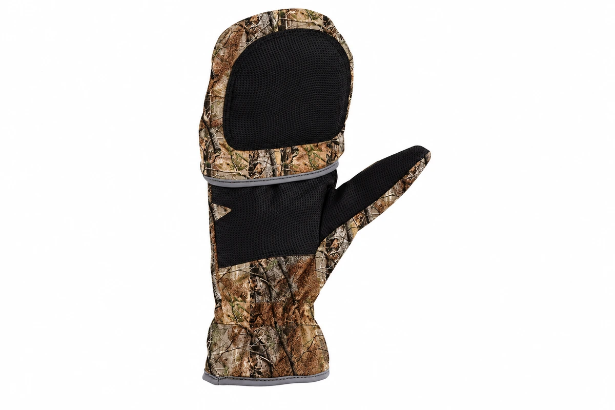 Camouflage convertible hunting mitt with finger cover open