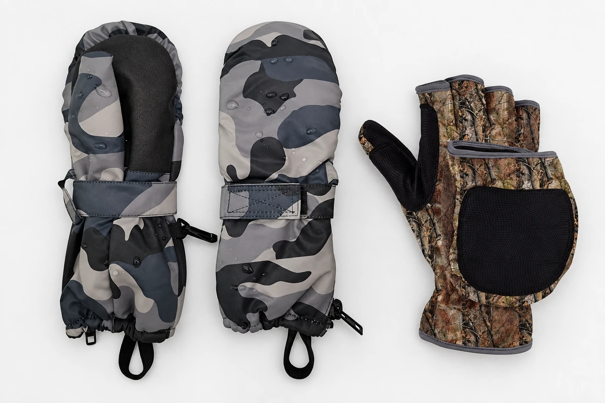 Gray camouflage mittens and a woodland convertible glove