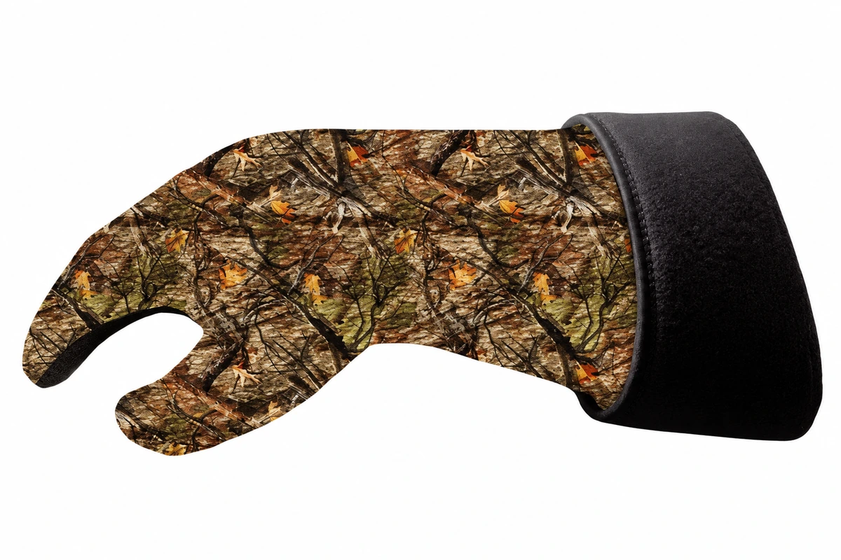 Camouflage glove showing curved fingers and a wide cuff