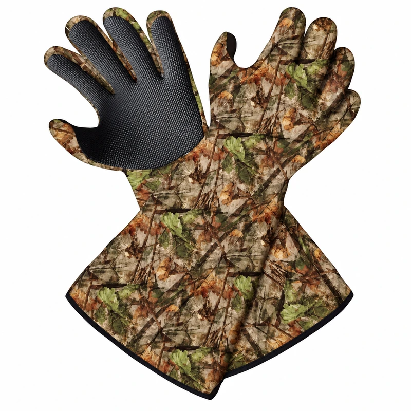 Long-cuff camouflage gloves showing back and black textured palm