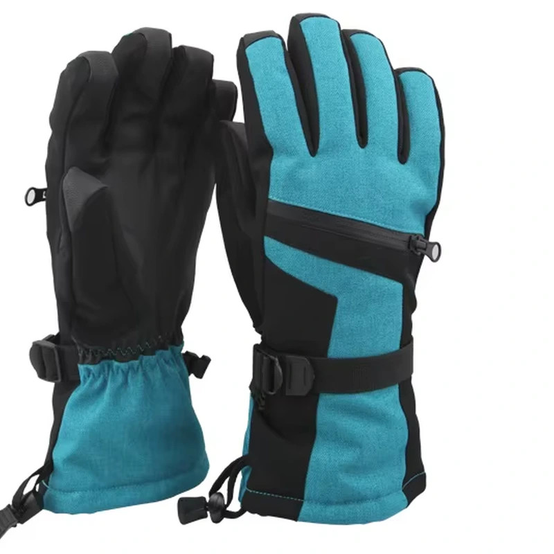 Teal and black outdoor gloves with wrist straps and extended cuffs