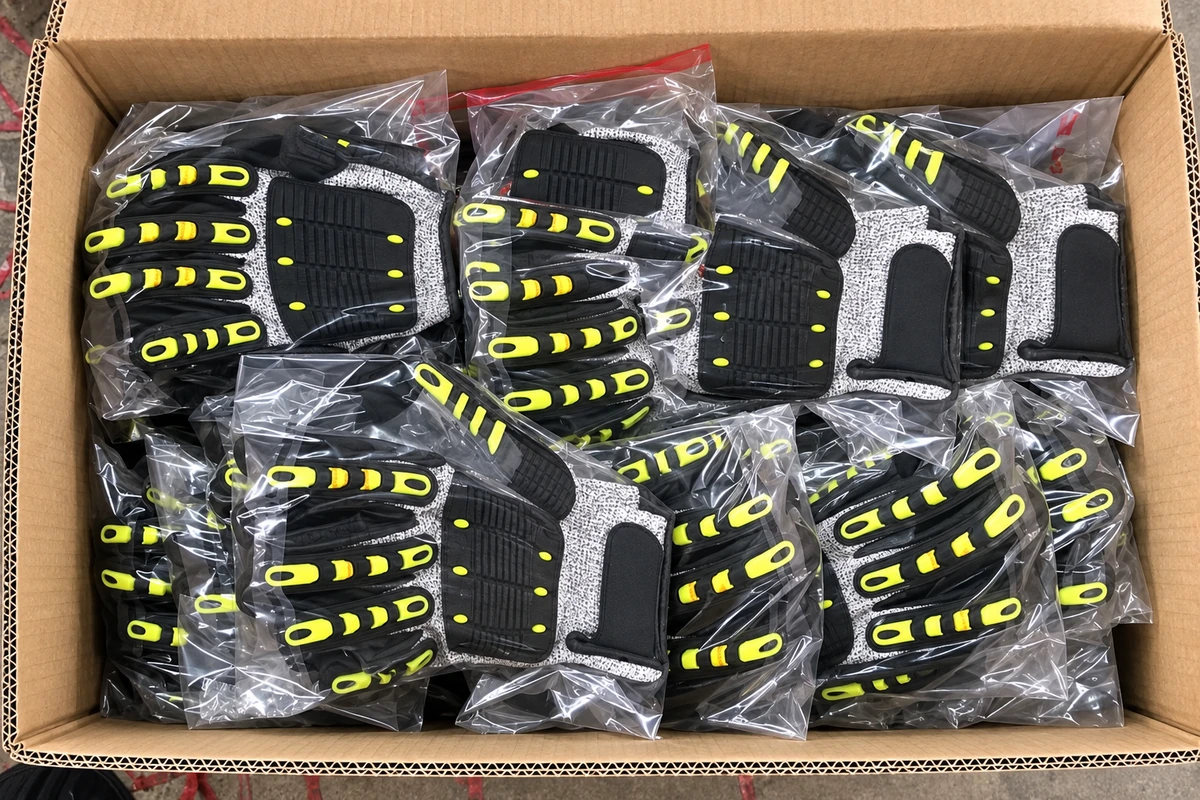 Individually bagged gray gloves with black and yellow guards in a carton