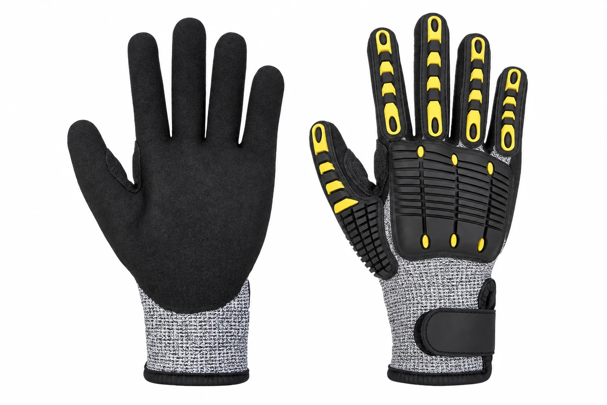 Gray gloves showing a black palm and black guards with yellow accents