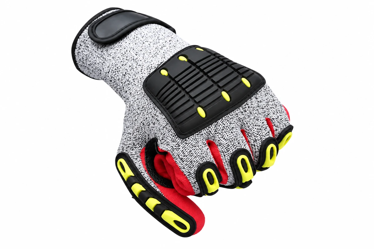 Curled gray glove with a raised black back panel and yellow finger accents