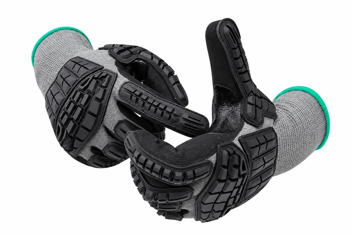 Gray gloves with black guards demonstrating bent finger movement