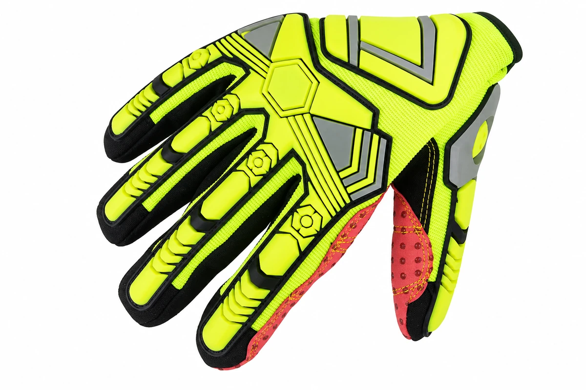Lime glove showing segmented finger guards and a red thumb-side panel