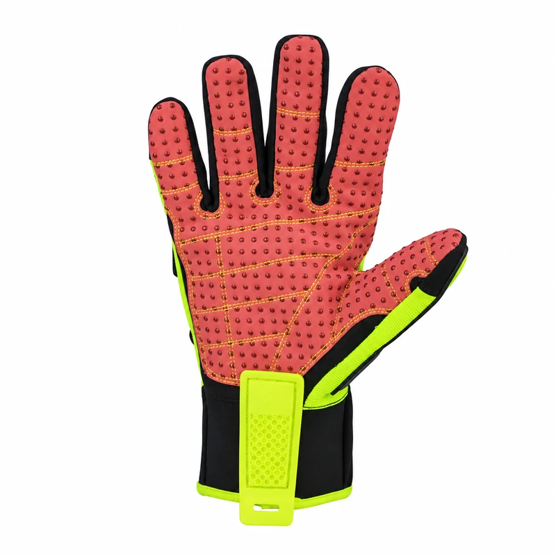 Red dotted glove palm with stitching and a lime pull tab