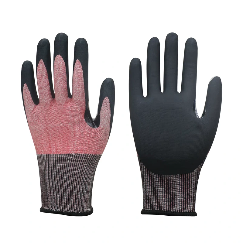 Red-gray knit gloves showing the back and black coated palm
