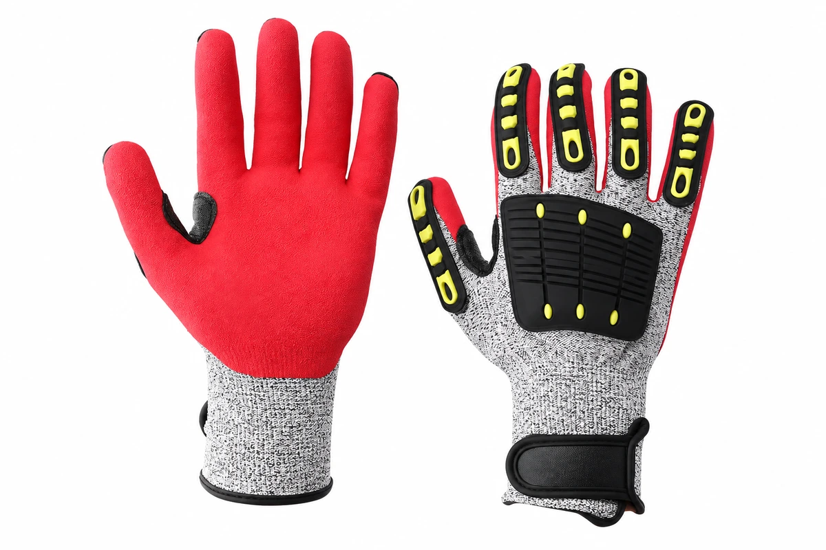 Glove pair with a red palm and black raised back panel