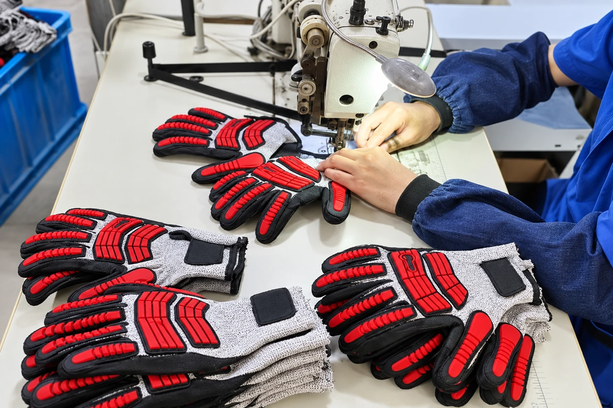 Worker sewing gray gloves with red segmented guards