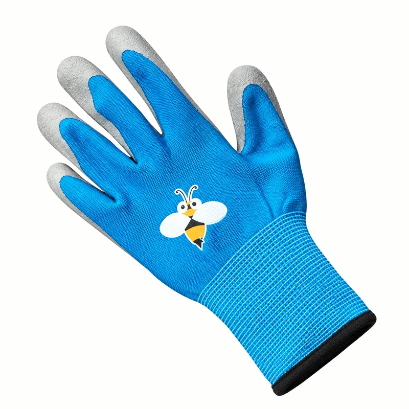 Blue children’s garden glove with bee artwork and gray fingertips