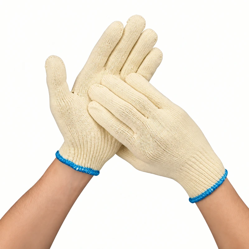 Cream knit gloves with blue wrist trim worn palm and back
