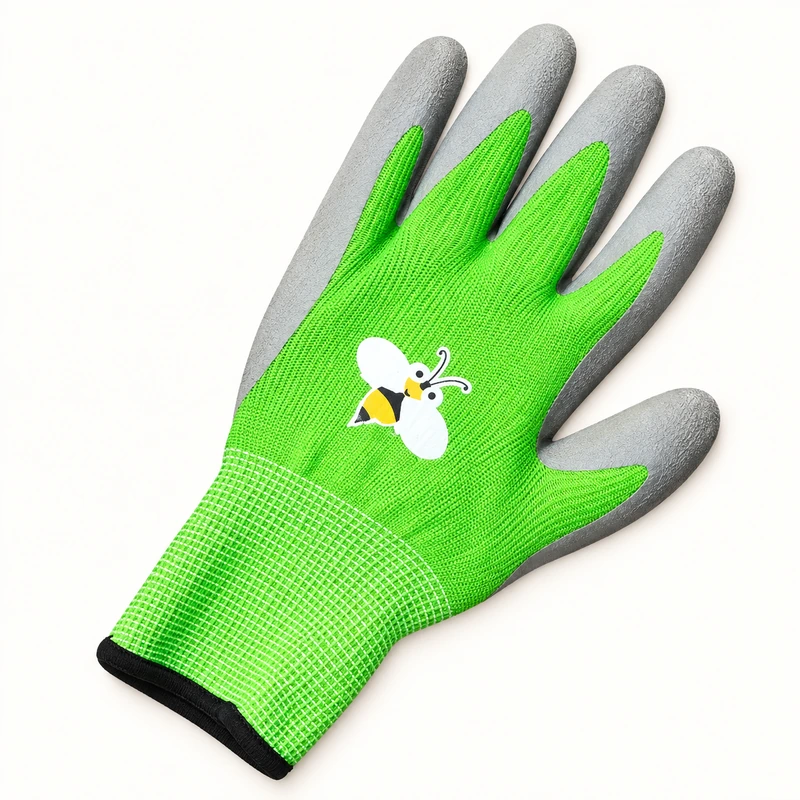 Green children’s garden glove with bee artwork and gray fingertips