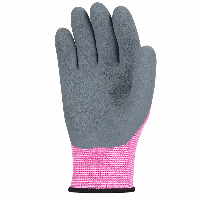 Gray coated palm and pink cuff of a children’s garden glove