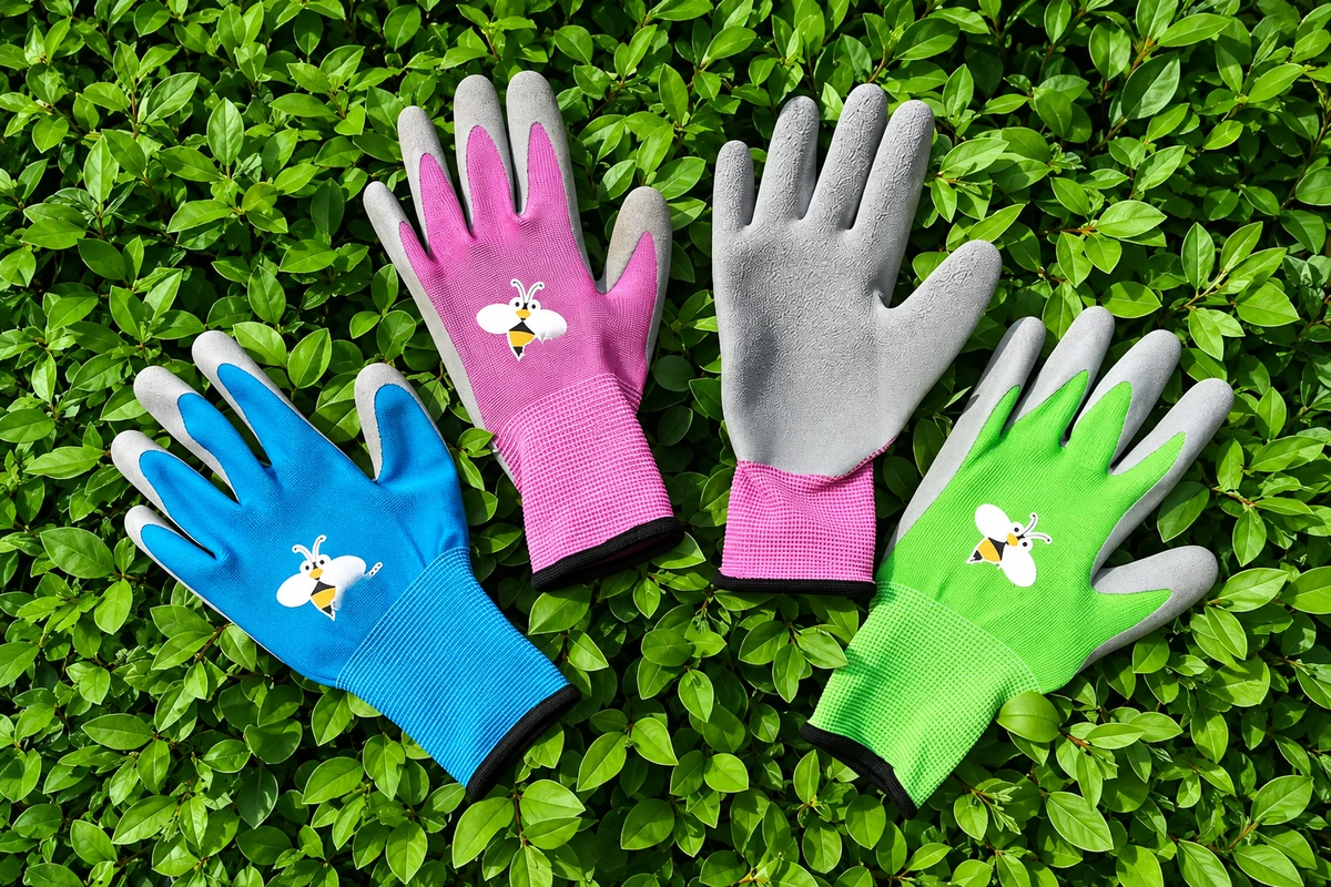 Blue pink and green children’s garden gloves on leafy foliage