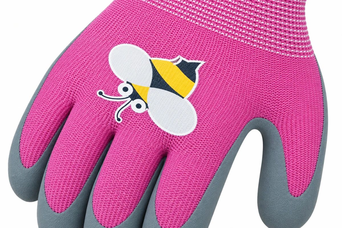 Bee artwork on a pink children’s glove back