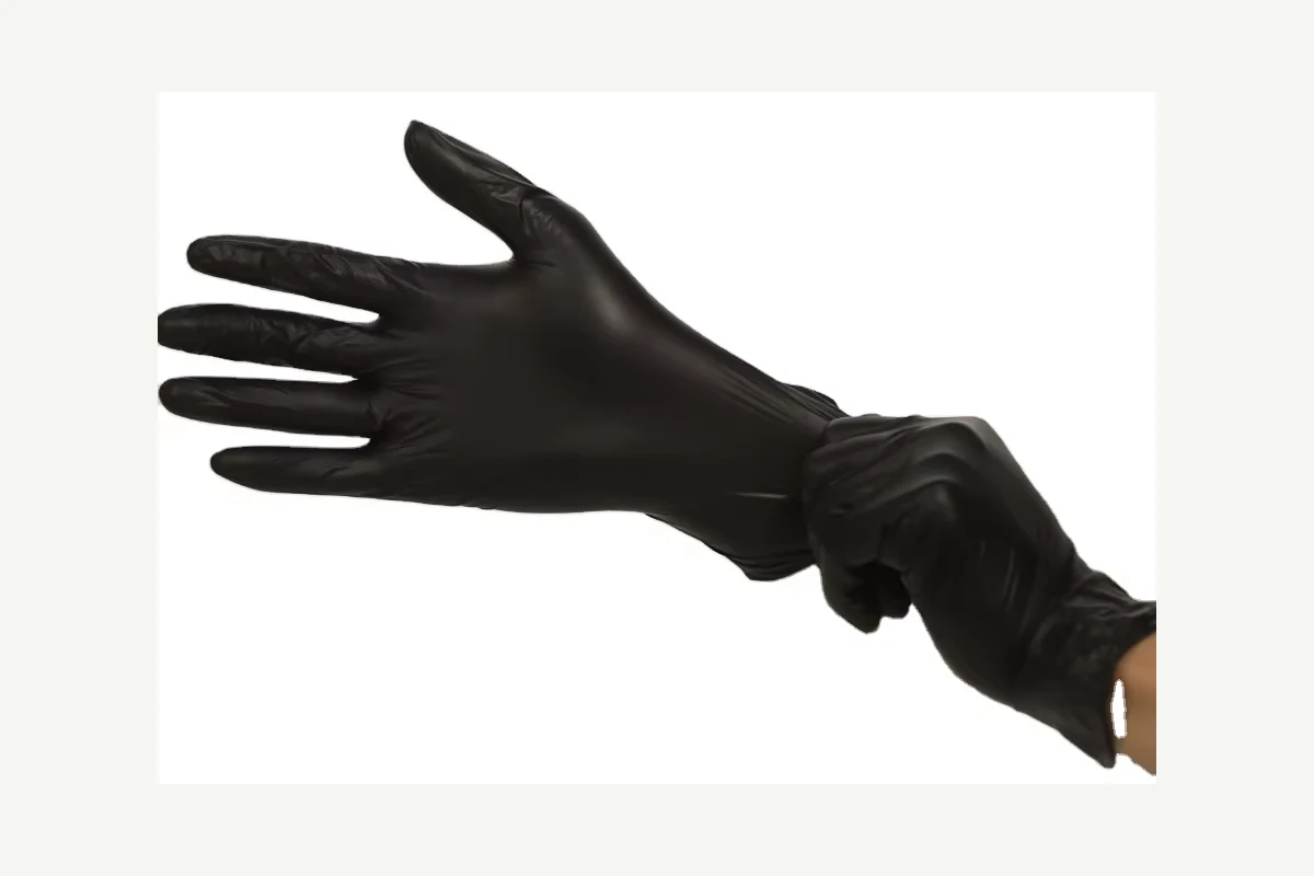 Black latex disposable glove showing wrist and finger fit