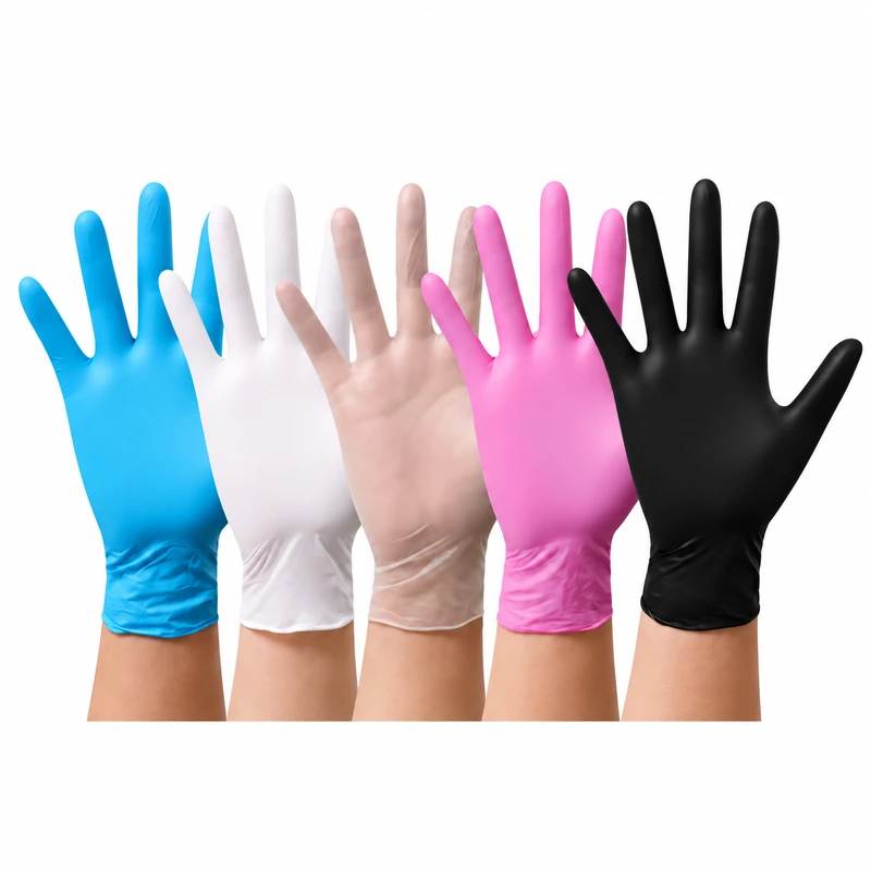 Blue white clear pink and black disposable glove color samples