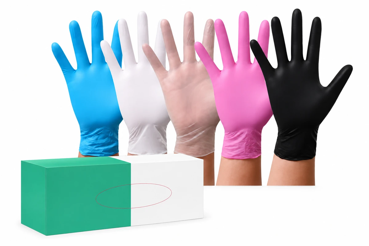 Disposable glove color samples with a green and white retail box