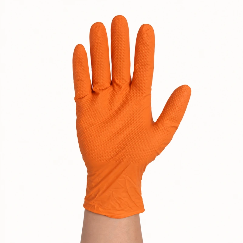 Orange textured disposable glove worn with an open palm