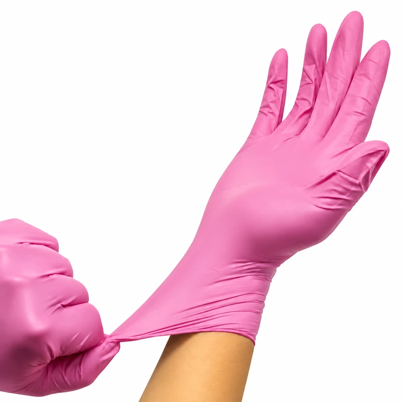 Pink latex glove being pulled over the wrist