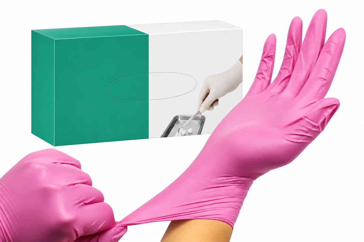 Pink latex glove beside a green and white retail box