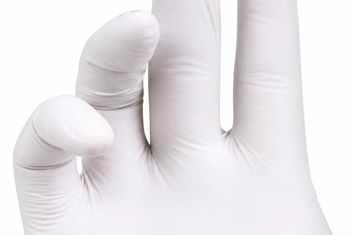 Close view of white latex glove fingers and palm folds