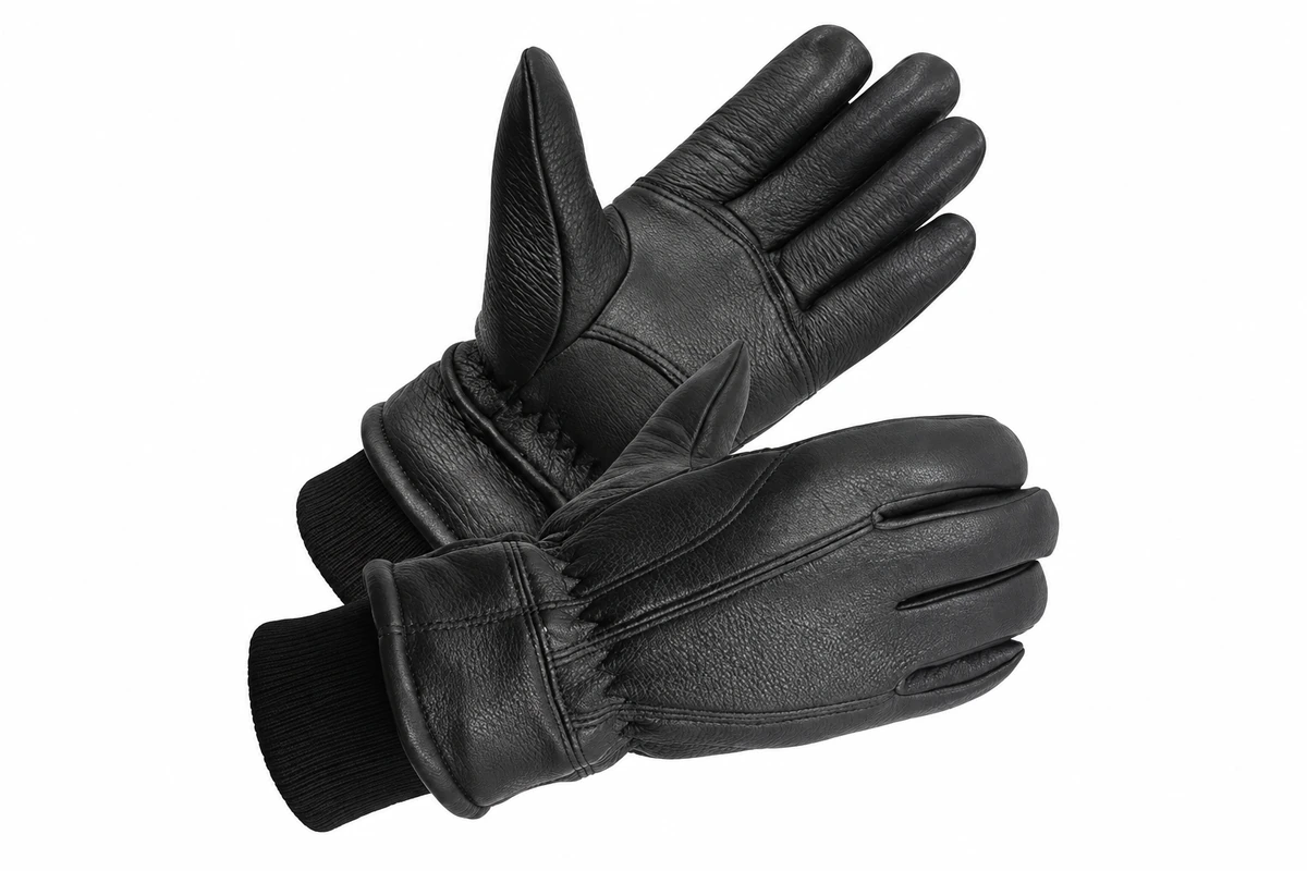 Black leather gloves worn to show palm, back and gathered wrists