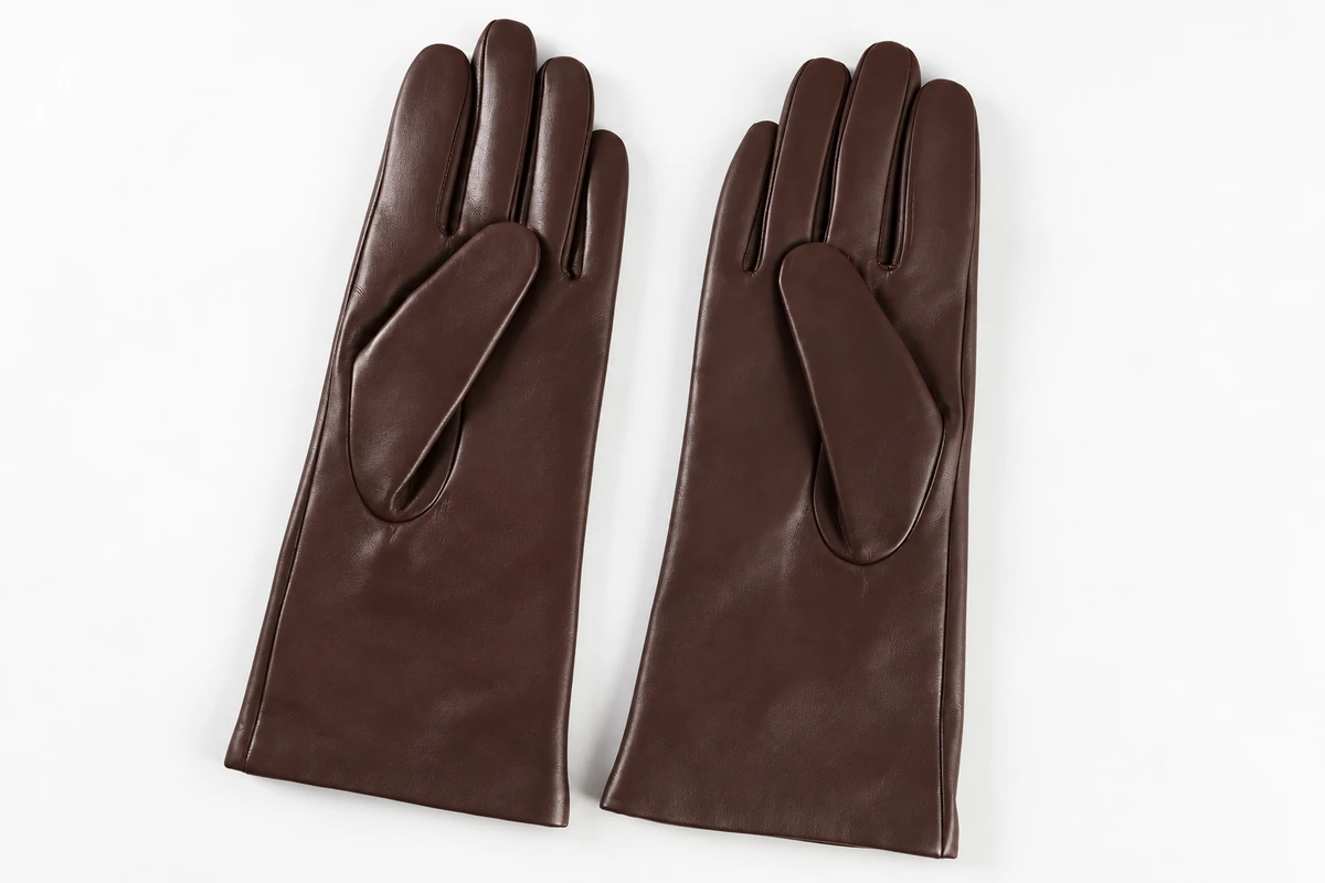 Brown leather fashion gloves showing shaped thumb panels