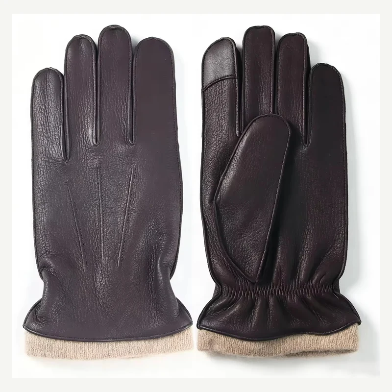 Dark brown leather fashion gloves displayed as a pair
