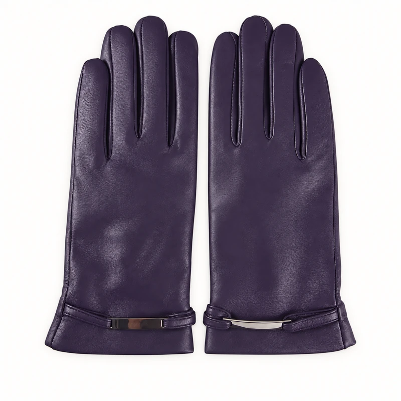 Purple leather gloves with slim metal wrist accents