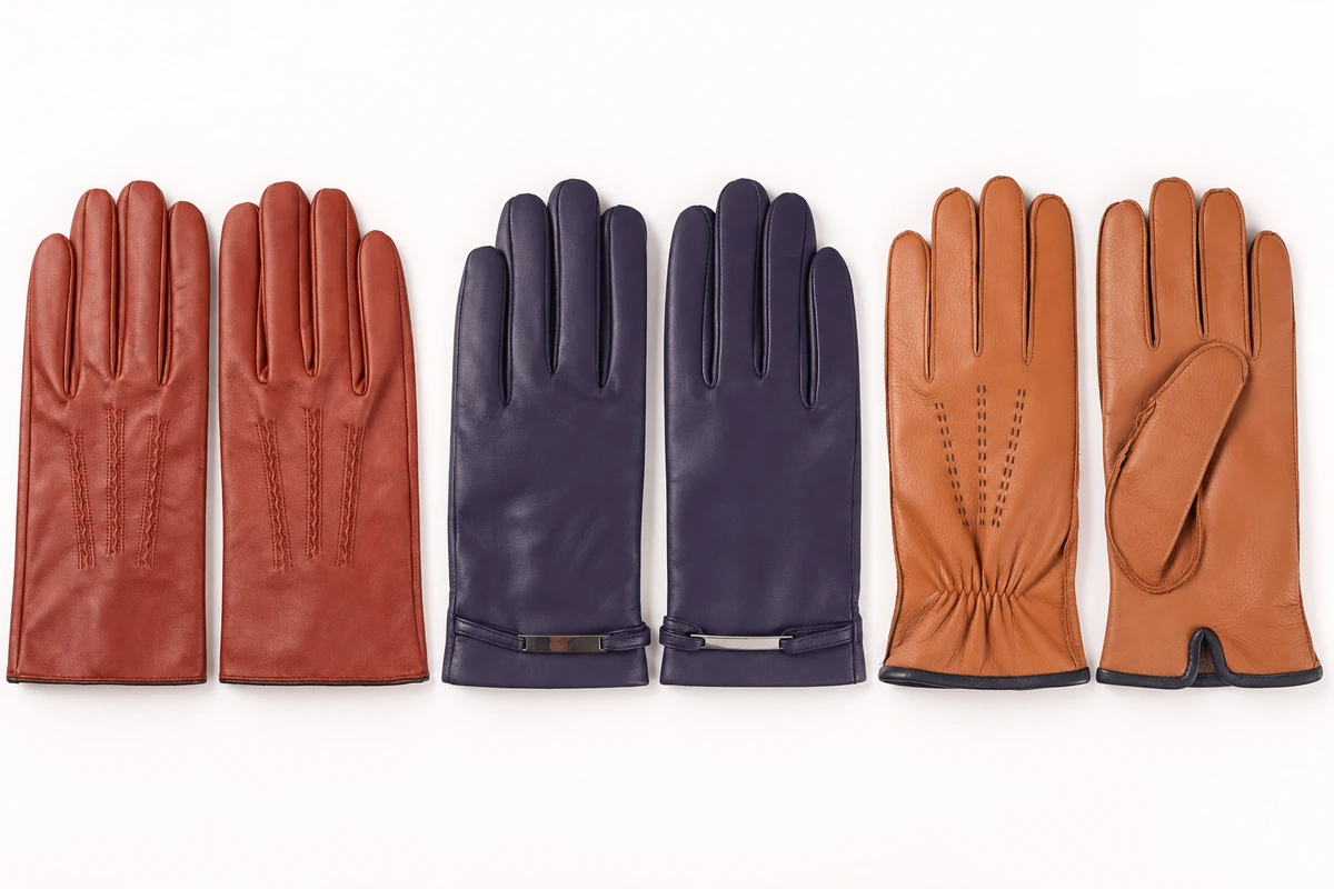 Rust, purple and tan leather fashion glove pairs