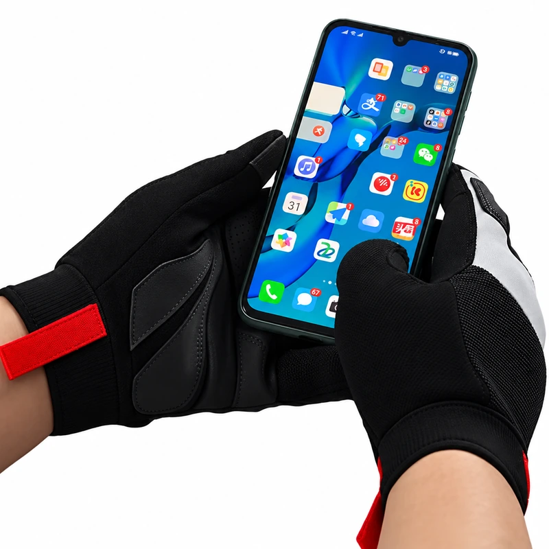 Black and red touchscreen gloves operating a smartphone