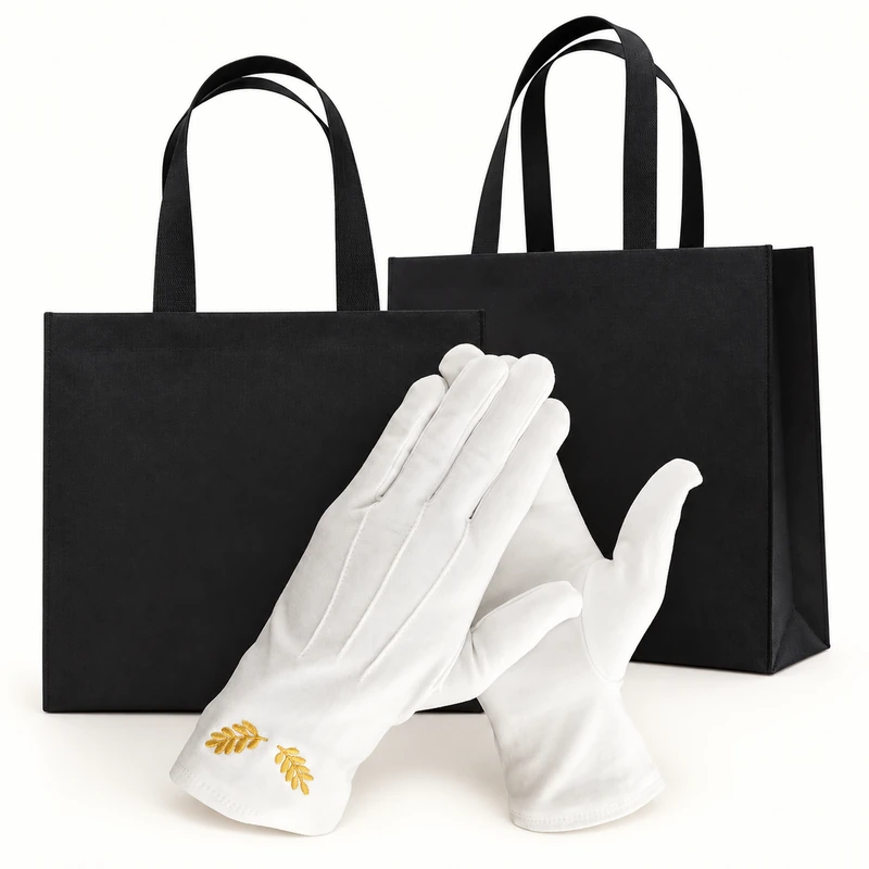 White gloves with gold cuff embroidery in front of two black handled bags